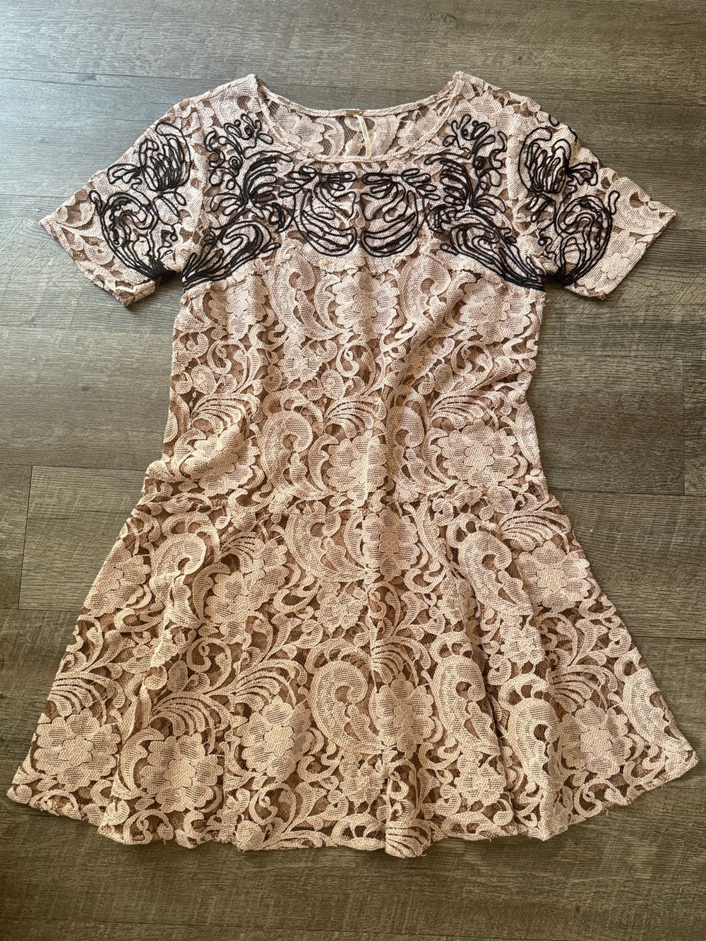 Free People Lace Loose Fit Flare Dress with Black Embroidered Yoke - Blush Pink